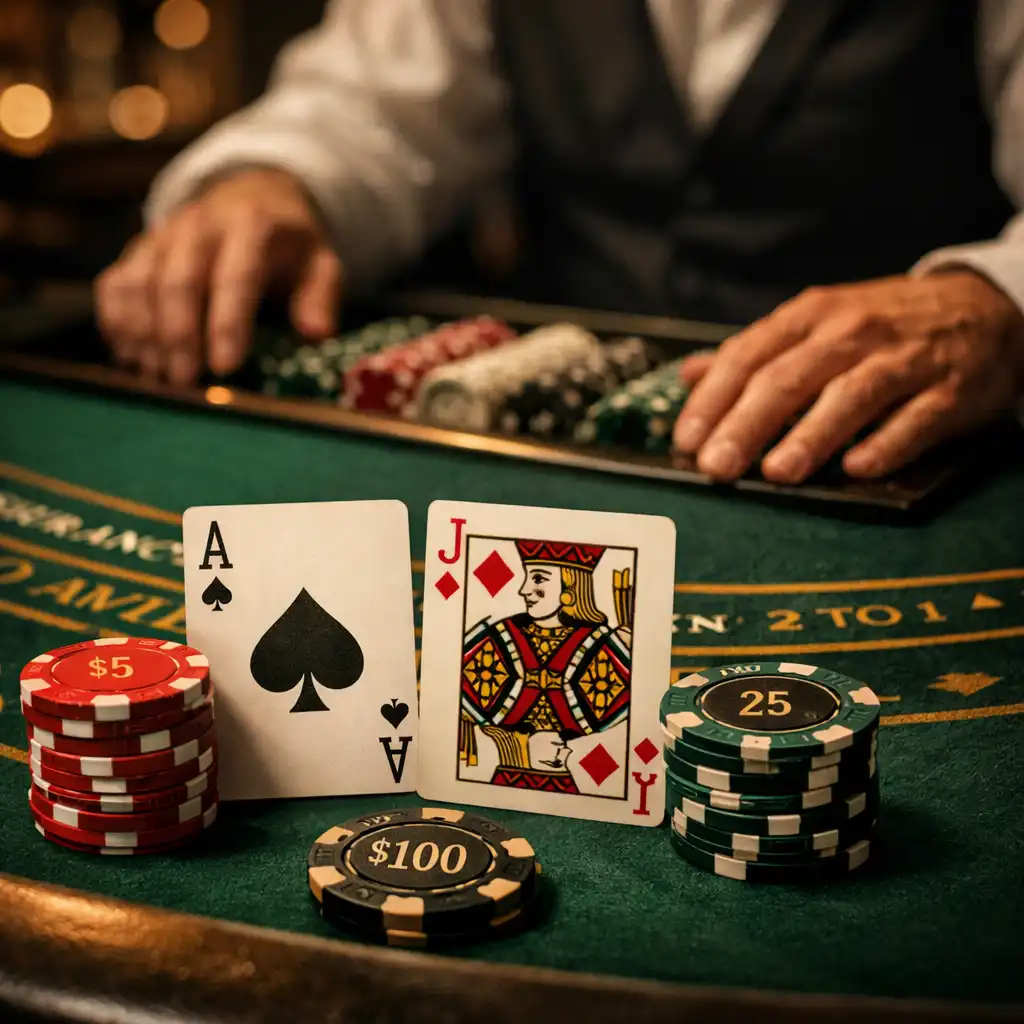 Zbliżenie na stół do blackjacka z kartami, żetonami i rękami krupiera w przyciemnionej sali kasynowej