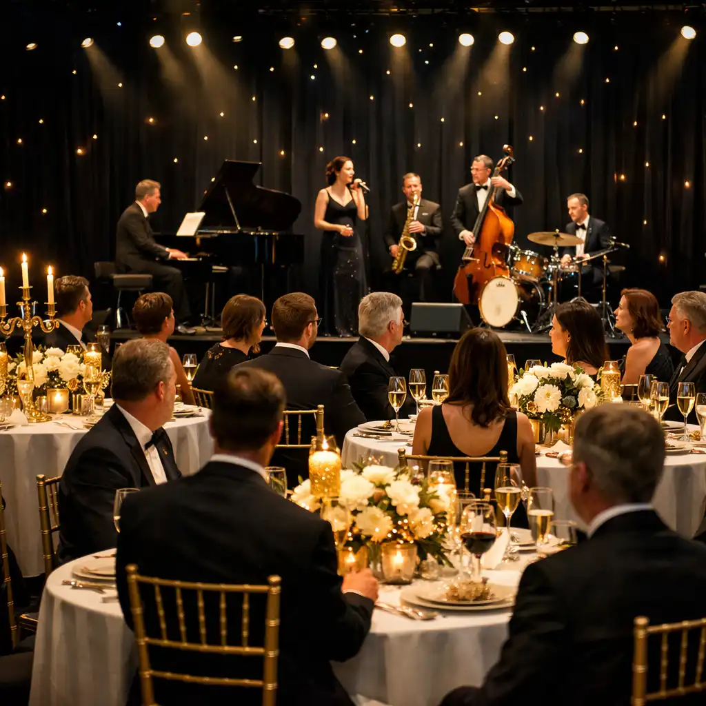 Elegancka gala firmowa z zespołem jazzowym i okrągłymi stołami